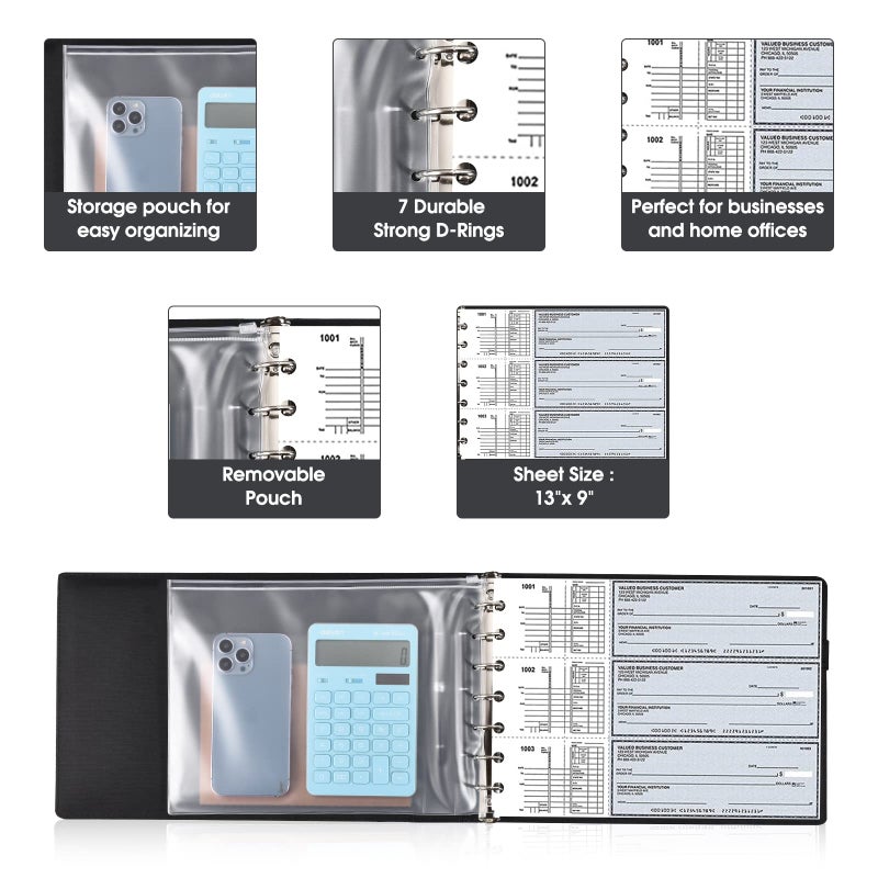Pacific Mailer 7 Ring Executive Business Check Binder 600 Checks Capcity for 9" x 13" Sheets, PU Leather Checkbook Holder with Zip Pouch - Image 4